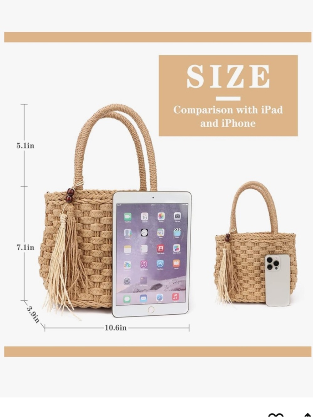 Woven Straw Tote Bag with Tassel - Natural - Picture 3 of 6